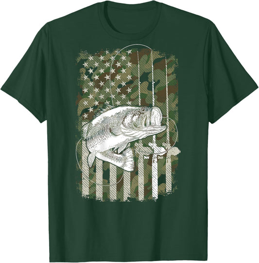 American Flag Camo Bass Fish Fishing (On Back) For Fisherman T-Shirt - T-Shirt | Forest