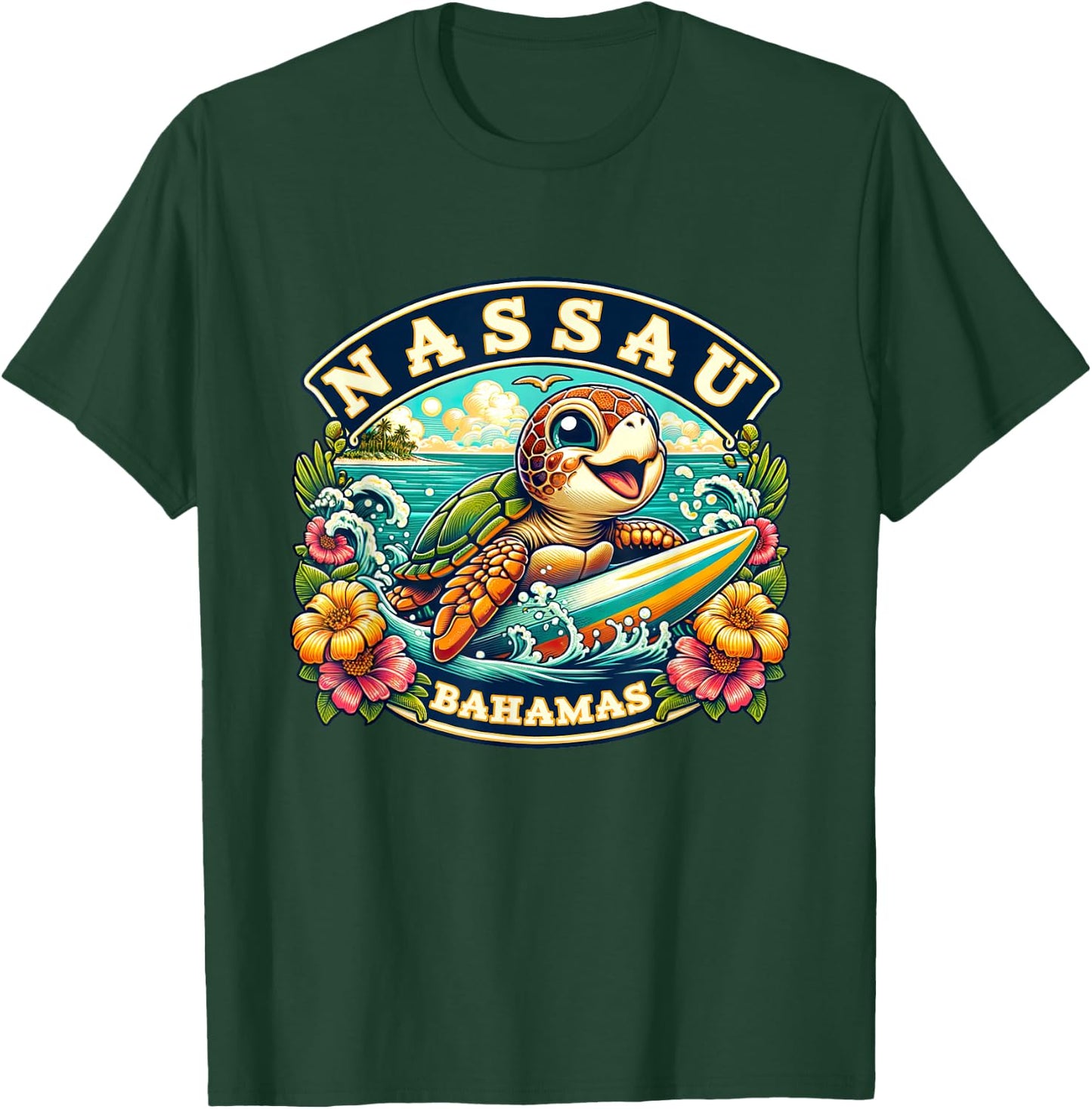 Nassau Bahamas Cute Sea Turtle Surfing T-Shirt - T-Shirt | Forest