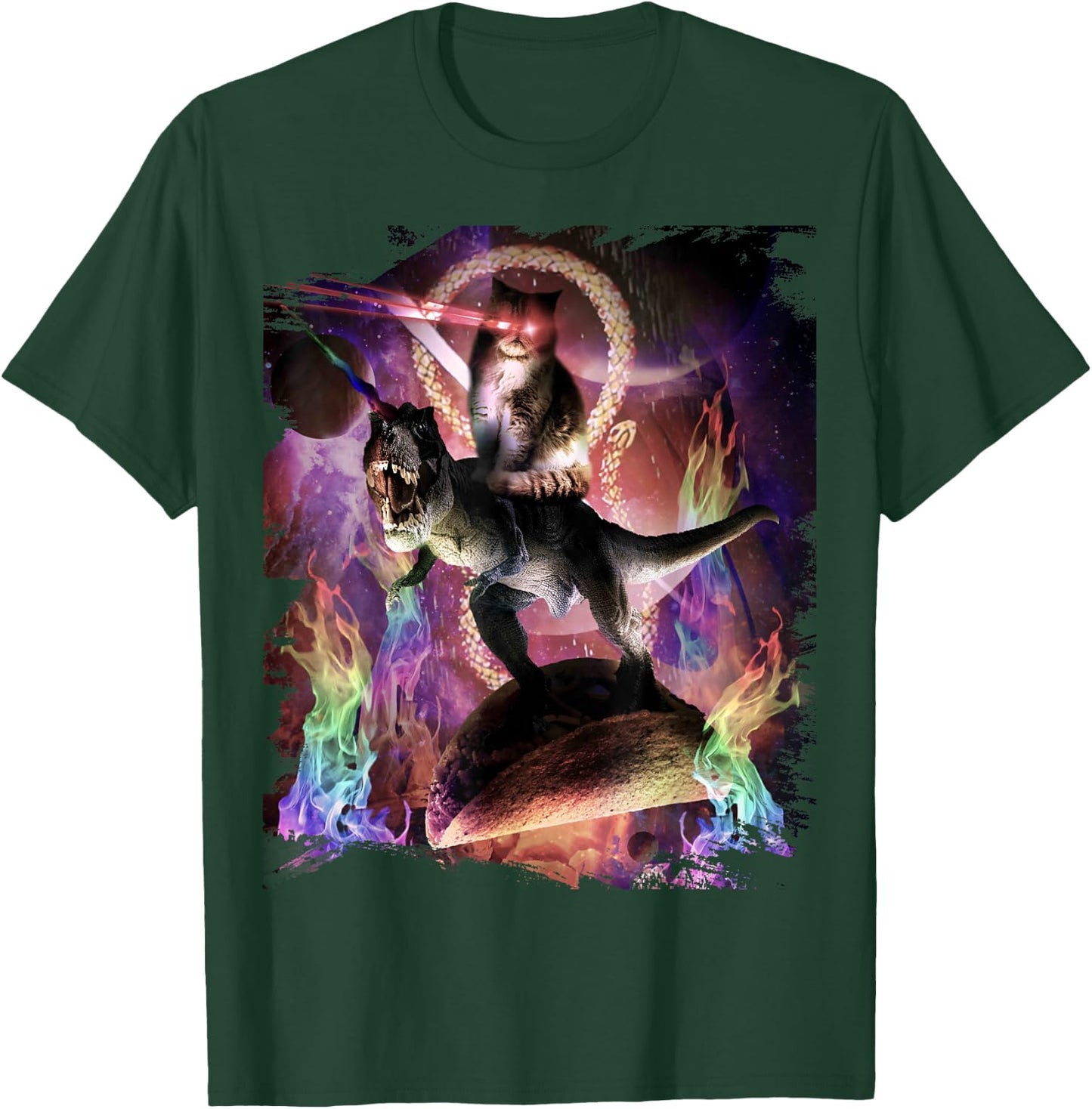 Evil Space Laser Cat On Dinosaur Unicorn On Taco T-Shirt - T-Shirt | Forest