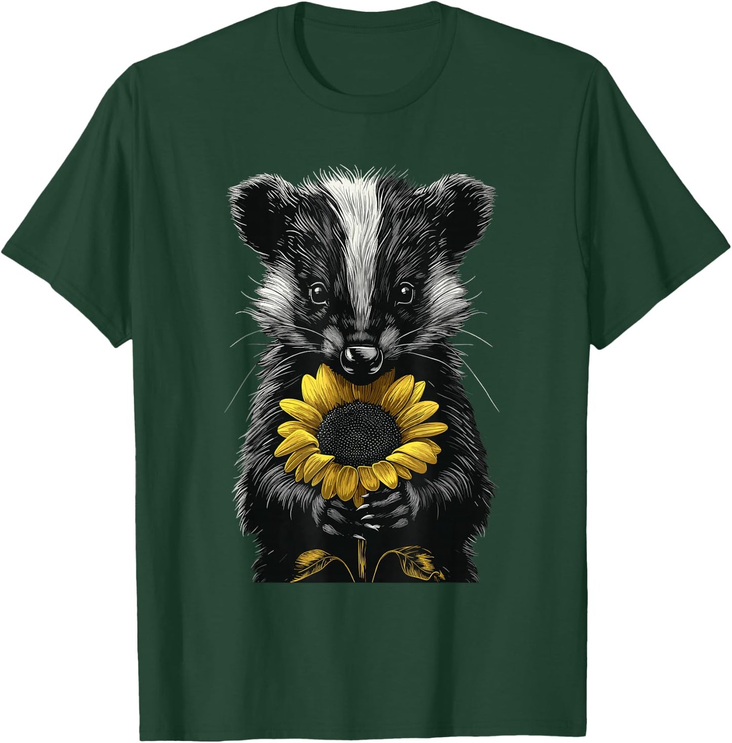 Skunk Holding Sunflower Wildlife Animal Cute Flower T-Shirt - T-Shirt | Forest