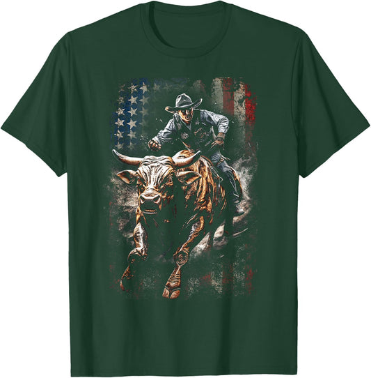 Vintage American Flag Bucking Bull Riding Patriotism Rodeo Kids Men T-Shirt - T-Shirt | Forest