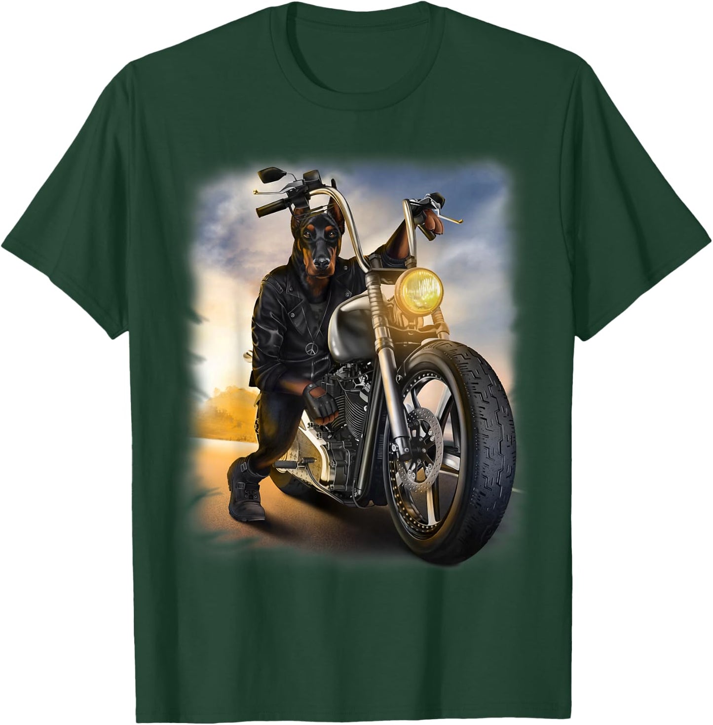 Doberman Dog Biker Riding Motorcycle at Sunset T-Shirt - T-Shirt | Forest