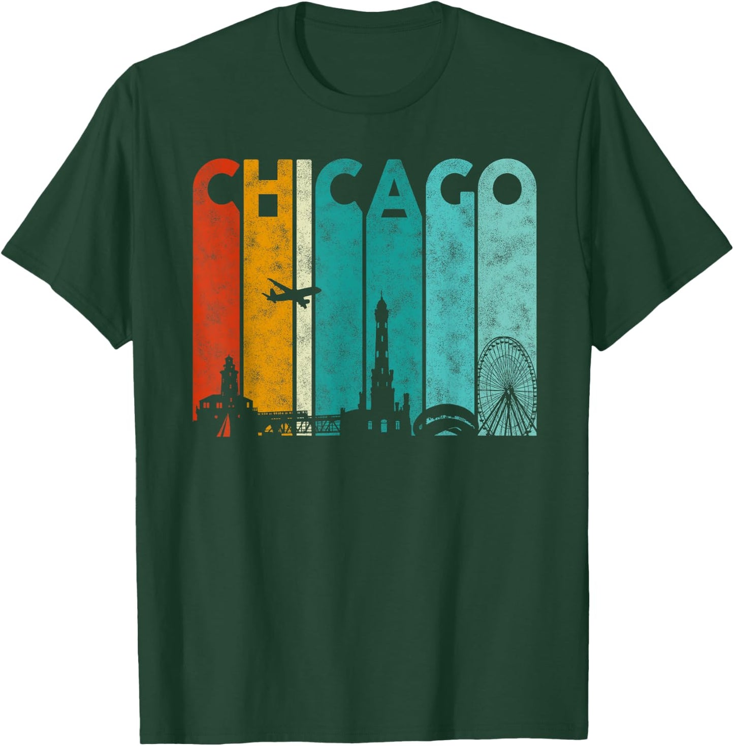 Vintage Retro Style Chicago city Skyline Airplane Chicago T-Shirt - T-Shirt | Forest
