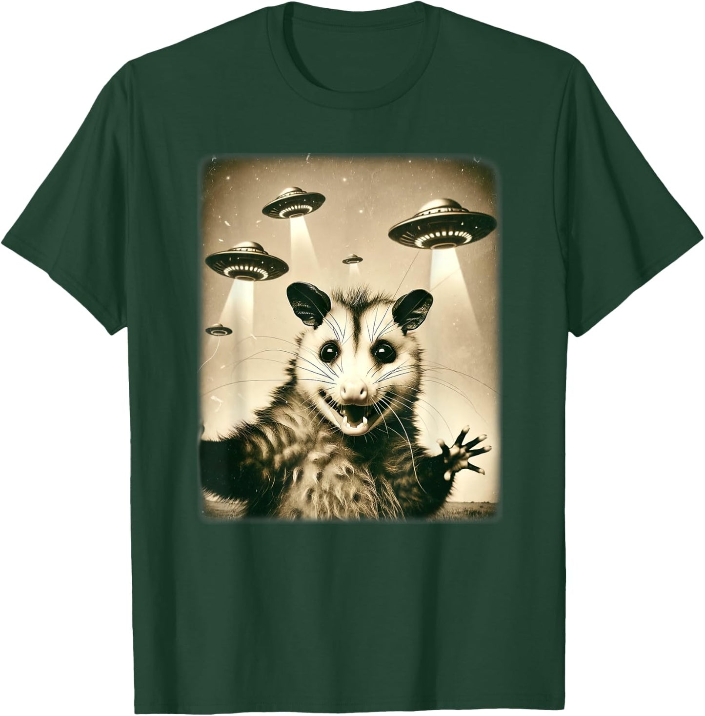 Funny Opossum Selfie With UFO Alien Humor Hilarious Possum T-Shirt - T-Shirt | Forest