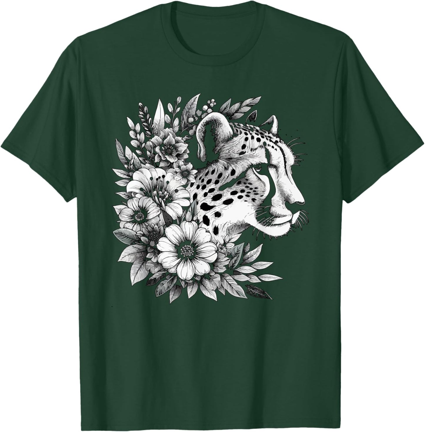 Cheetah Face Animal Print Big Cat Wildlife Flowers Design Women Kids T-Shirt - T-Shirt | Forest
