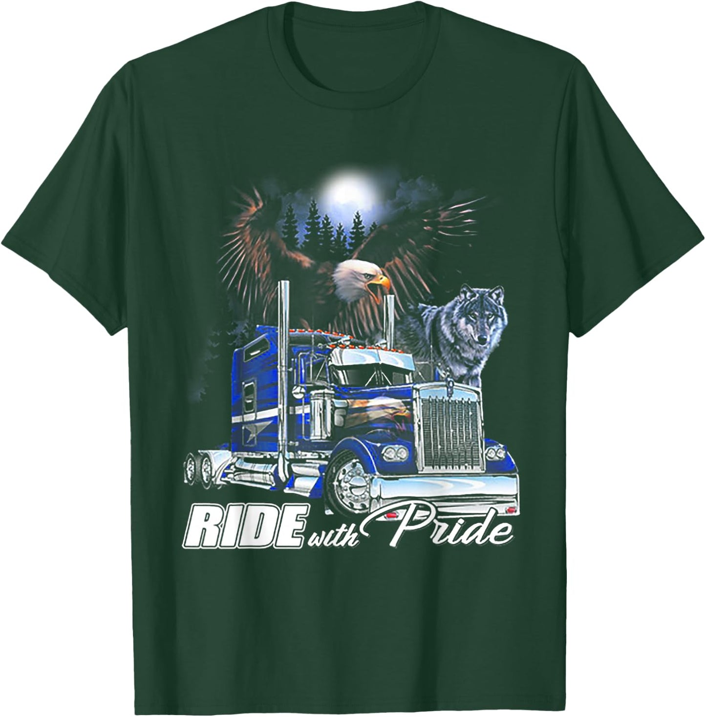 Ride With Pride Trucker Eagle Wolf T-Shirt - T-Shirt | Forest