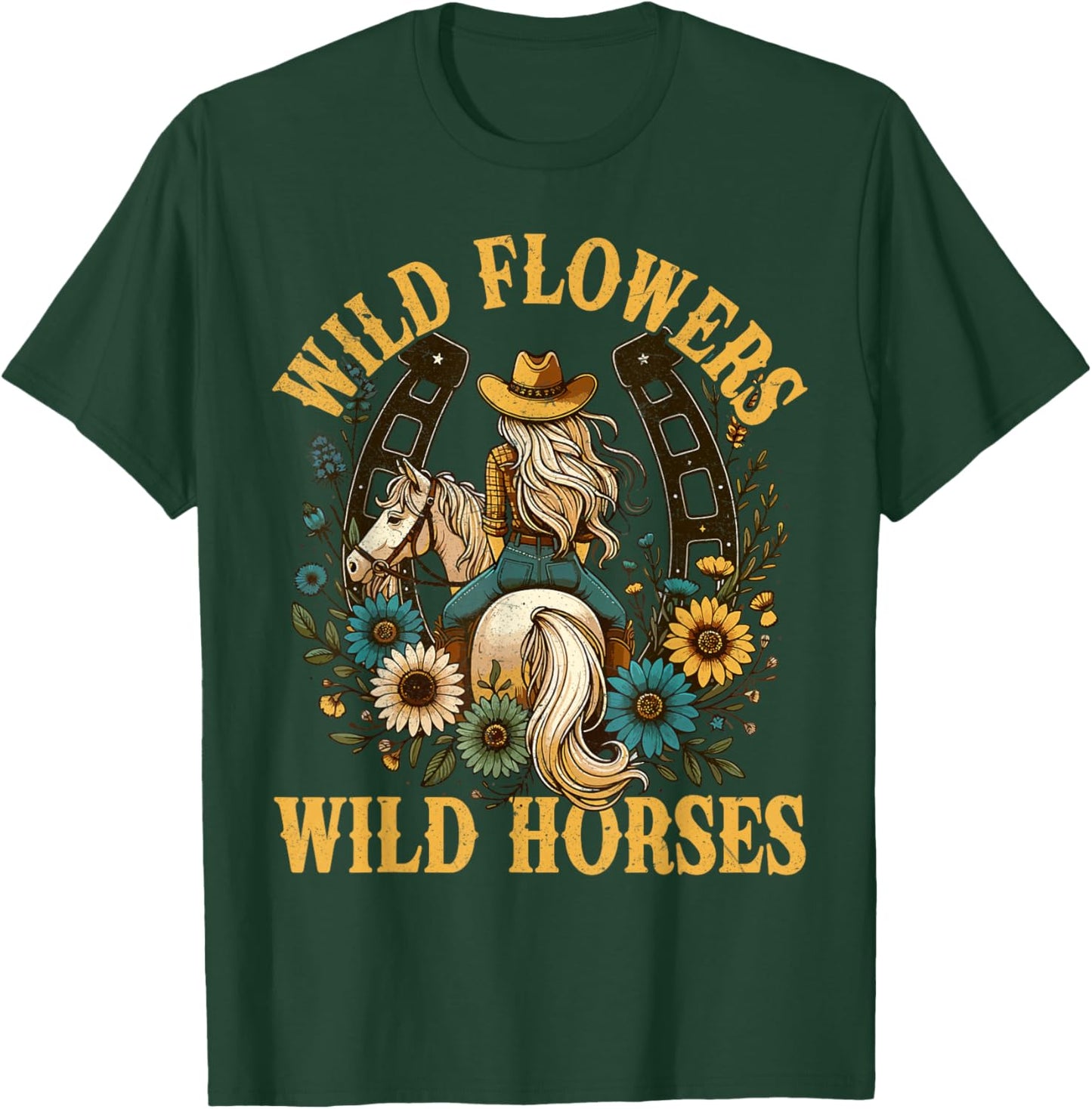Retro Southern Sunset Cowgirl Wild Flowers - Wild Horses T-Shirt - T-Shirt | Forest