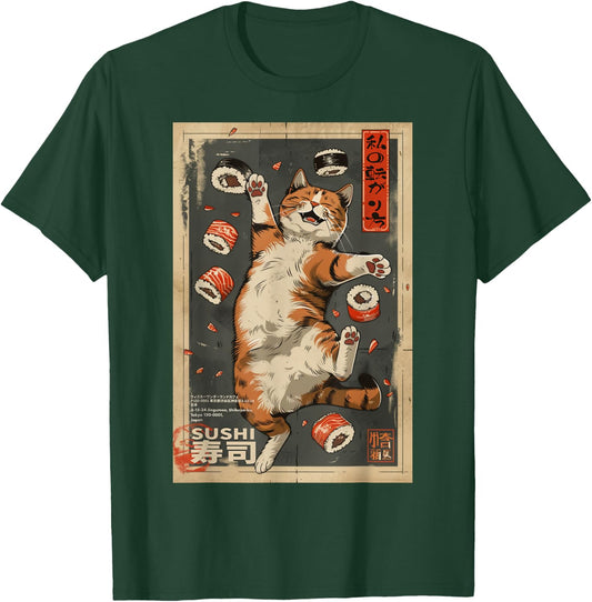 The Art of Print by MCMA - Digitally Enhanced Art How I Roll: Cat Cafe Sushi Poster Harajuku Kawaii Japanese , Small, Black T-Shirt - T-Shirt | Forest