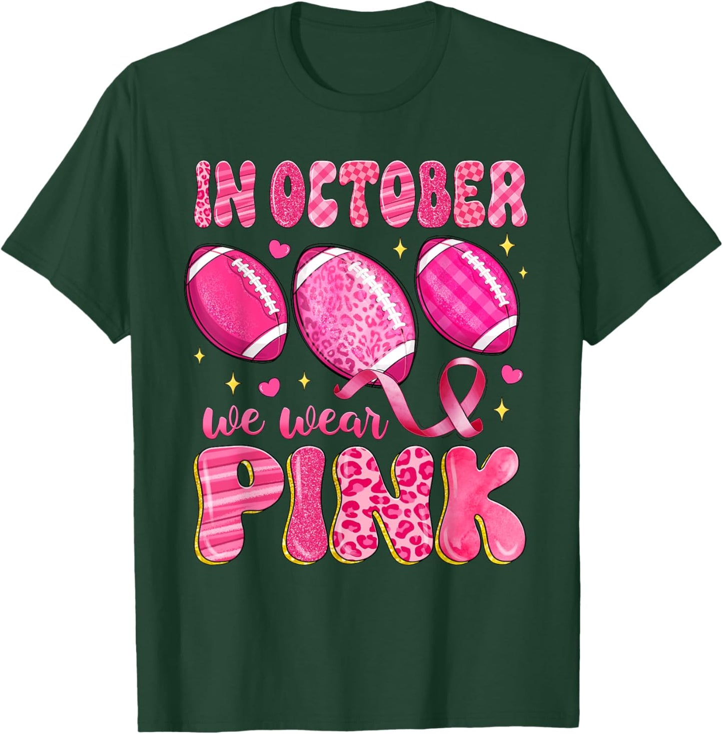 In October We Wear Pink Football Leopard Breast Cancer T-Shirt - T-Shirt | Forest