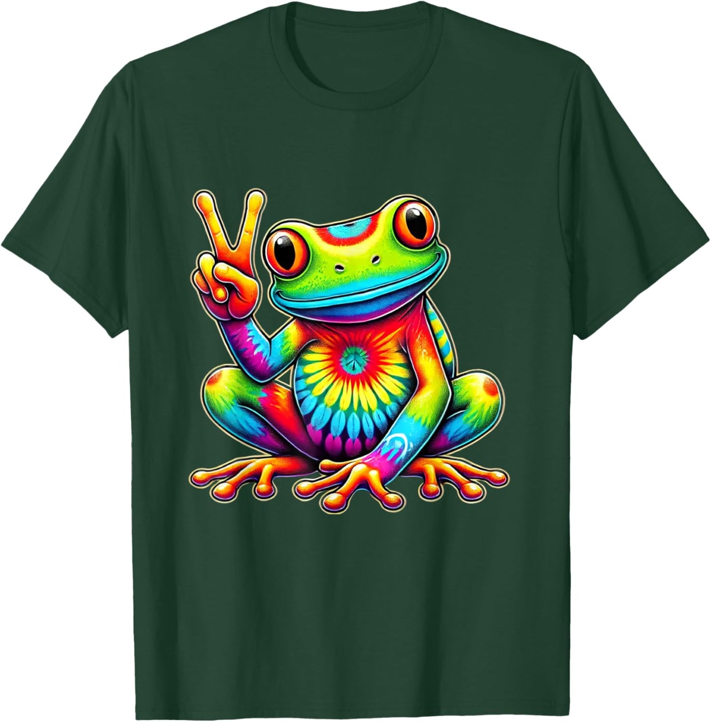 Tie-Dye Frog Holding Peace Sign Funny Hippie T-Shirt - T-Shirt | Forest