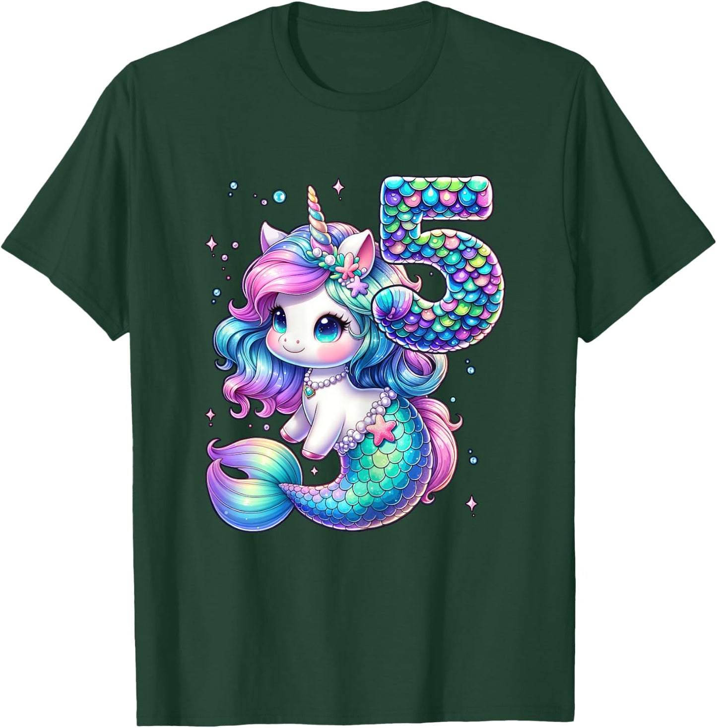 Unicorn Mermaid 5th Birthday 5 Year Old Party Girls Outfit T-Shirt - T-Shirt | Forest