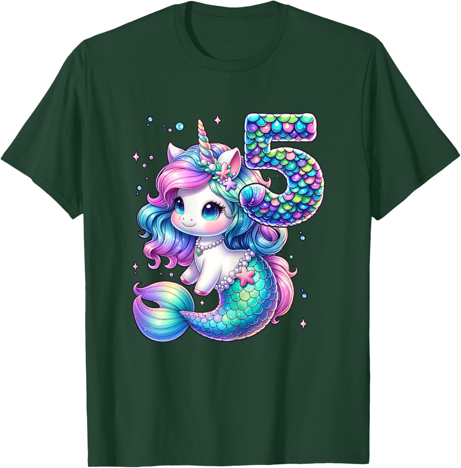 Unicorn Mermaid 5th Birthday 5 Year Old Party Girls Outfit T-Shirt - T-Shirt | Forest