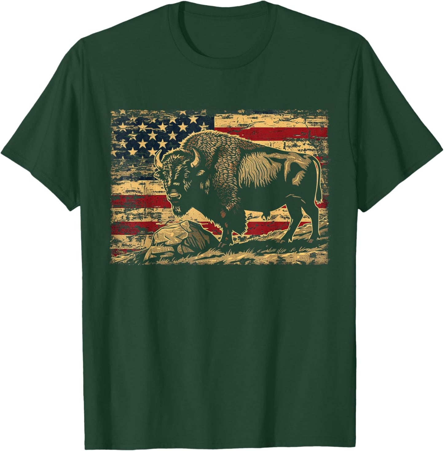 Retro American Flag Cute Animal Bison Lovers Awesome Outfits Kids Men T-Shirt - T-Shirt | Forest