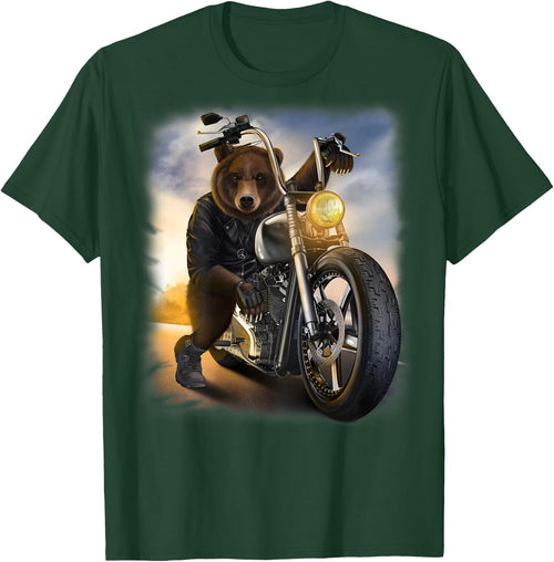 Grizzly Bear Riding Chopper Motorcycle at Sunset