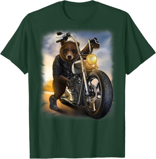 Grizzly Bear Riding Chopper Motorcycle at Sunset T-Shirt - T-Shirt | Forest