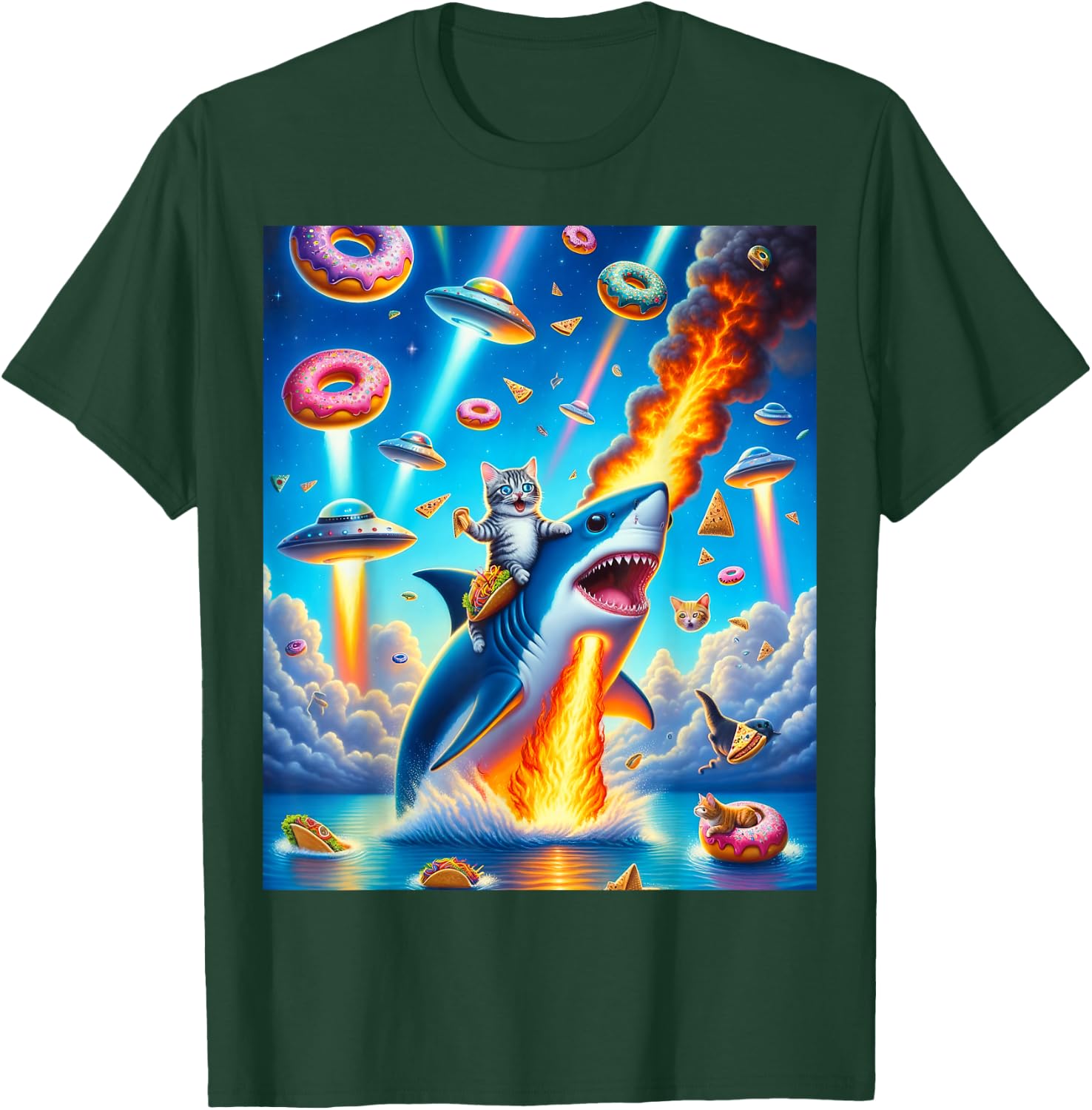 Cat Kitty Riding Fire Breathing Shark Rainbow Laser Taco T-Shirt - T-Shirt | Forest