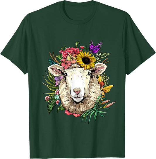 Floral Sheep Shirt Lamb Farm Animal Face Farmer Sheep Lover T-Shirt - T-Shirt | Forest