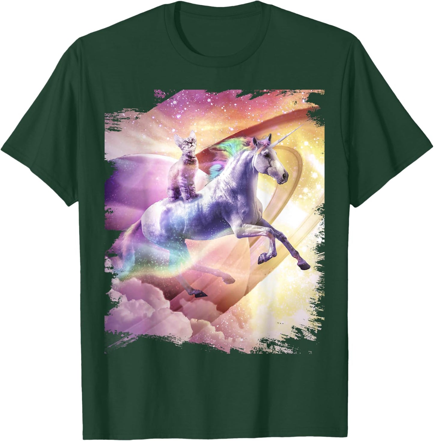 Rainbow Galaxy Cat Riding Unicorn in Space Women Girls Kids T-Shirt - T-Shirt | Forest