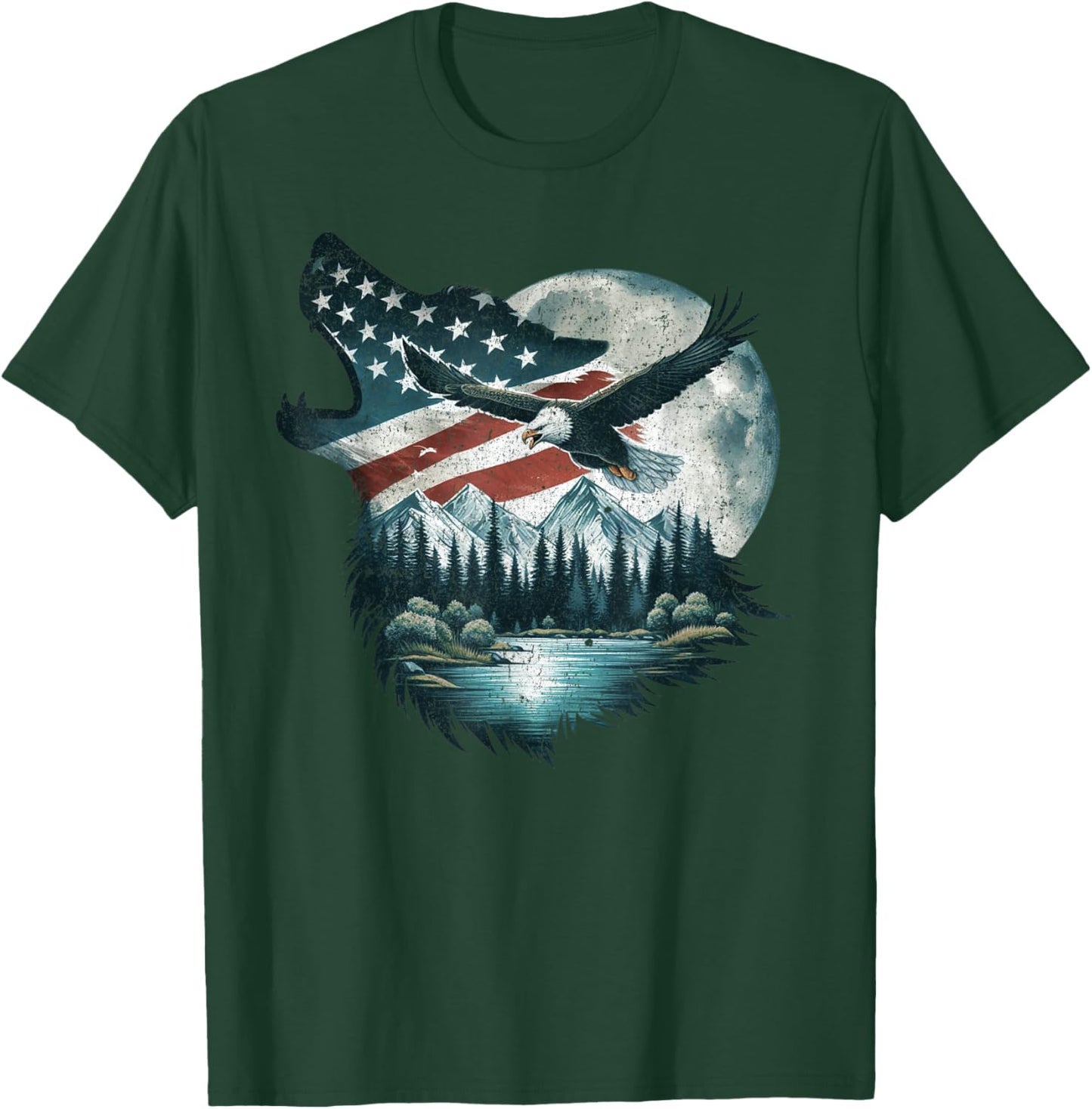 Bald Eagle Wolf US Flag 4th Of July Patriotic Man Woman T-Shirt - T-Shirt | Forest