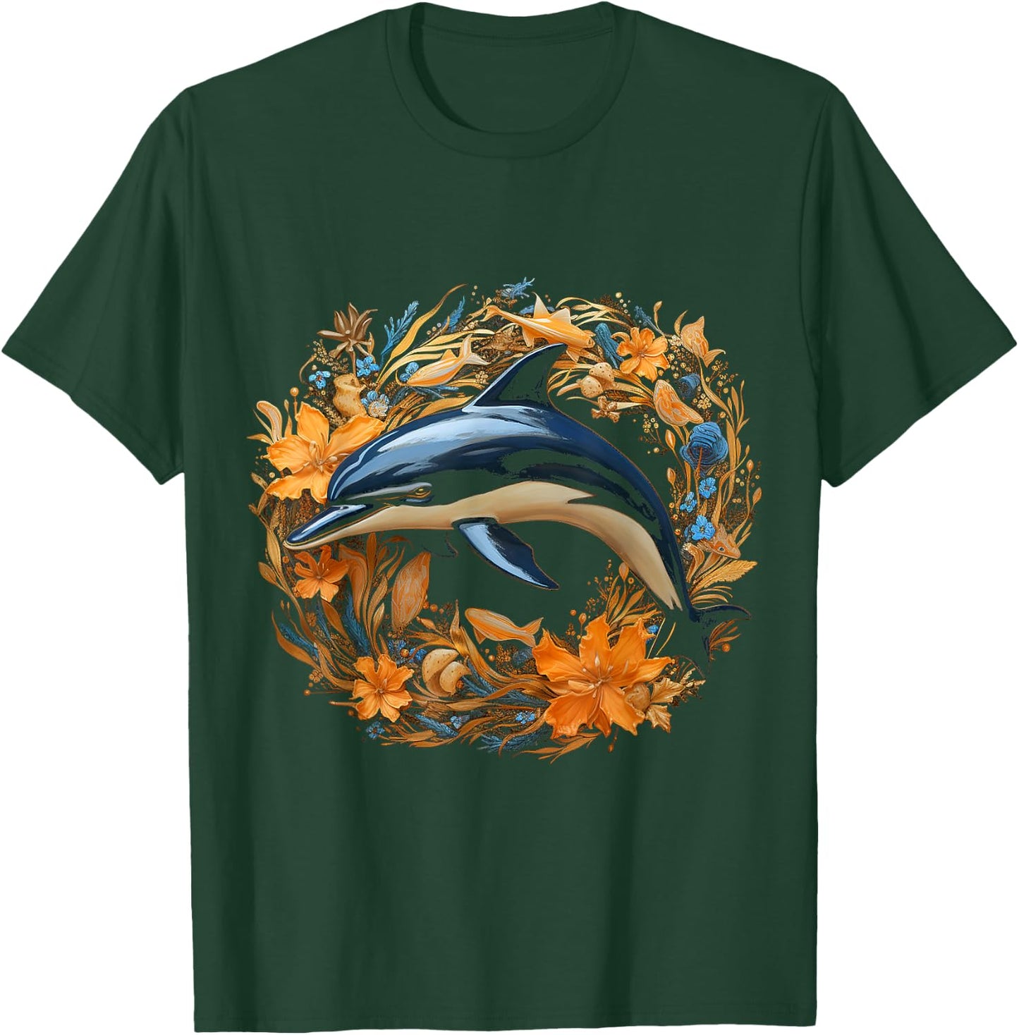 Dolphin Flowers Art Animal Sculpture Graphic Dolphin T-Shirt - T-Shirt | Forest