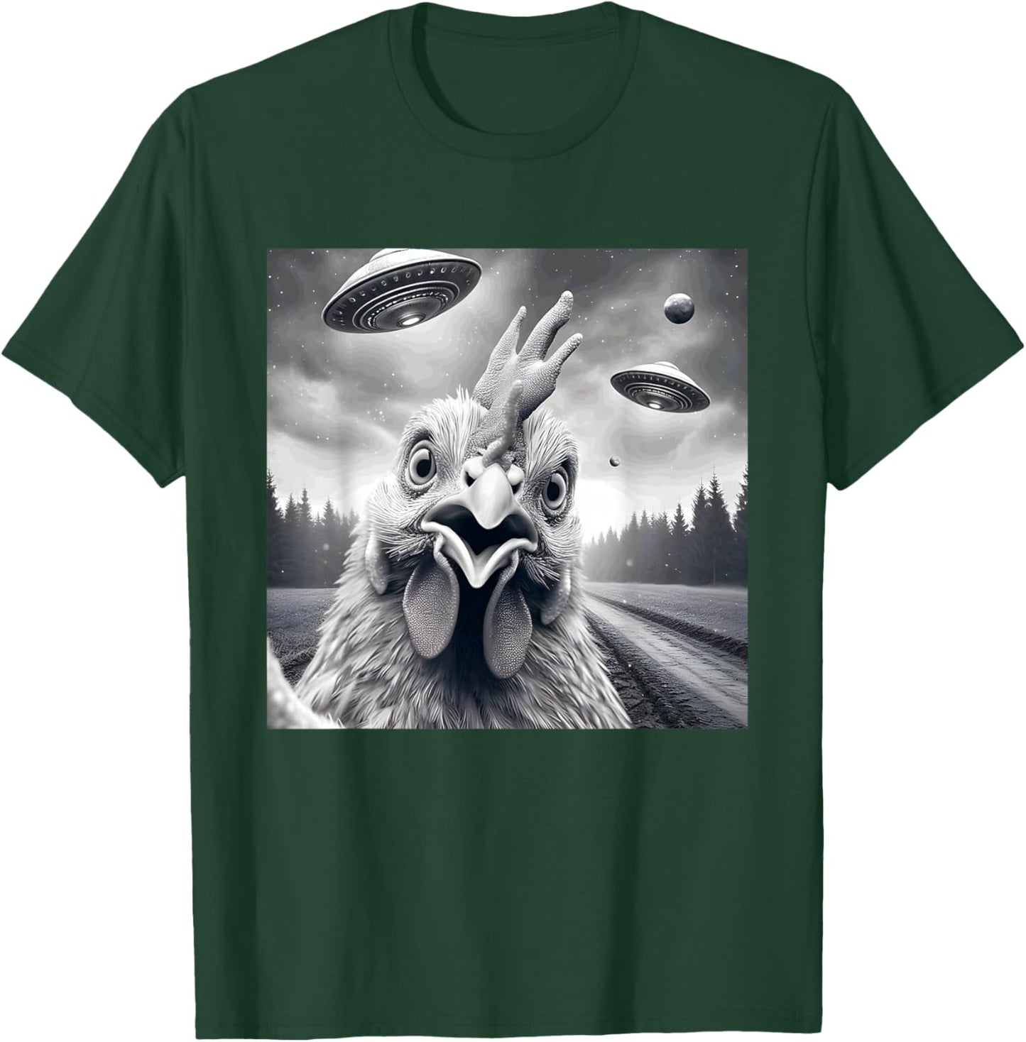 Chicken Rooster Funny Graphic Selfie with UFOs Weird Aliens T-Shirt - T-Shirt | Forest