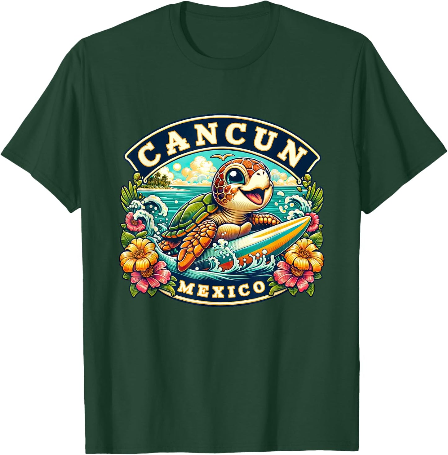 Cancun Mexico Cute Sea Turtle Surfing T-Shirt - T-Shirt | Forest