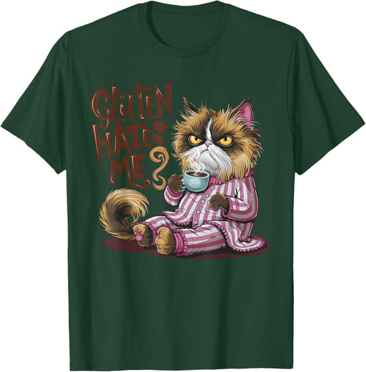 Gluten Hates Me Cat Drinking Coffee T-Shirt - T-Shirt | Forest