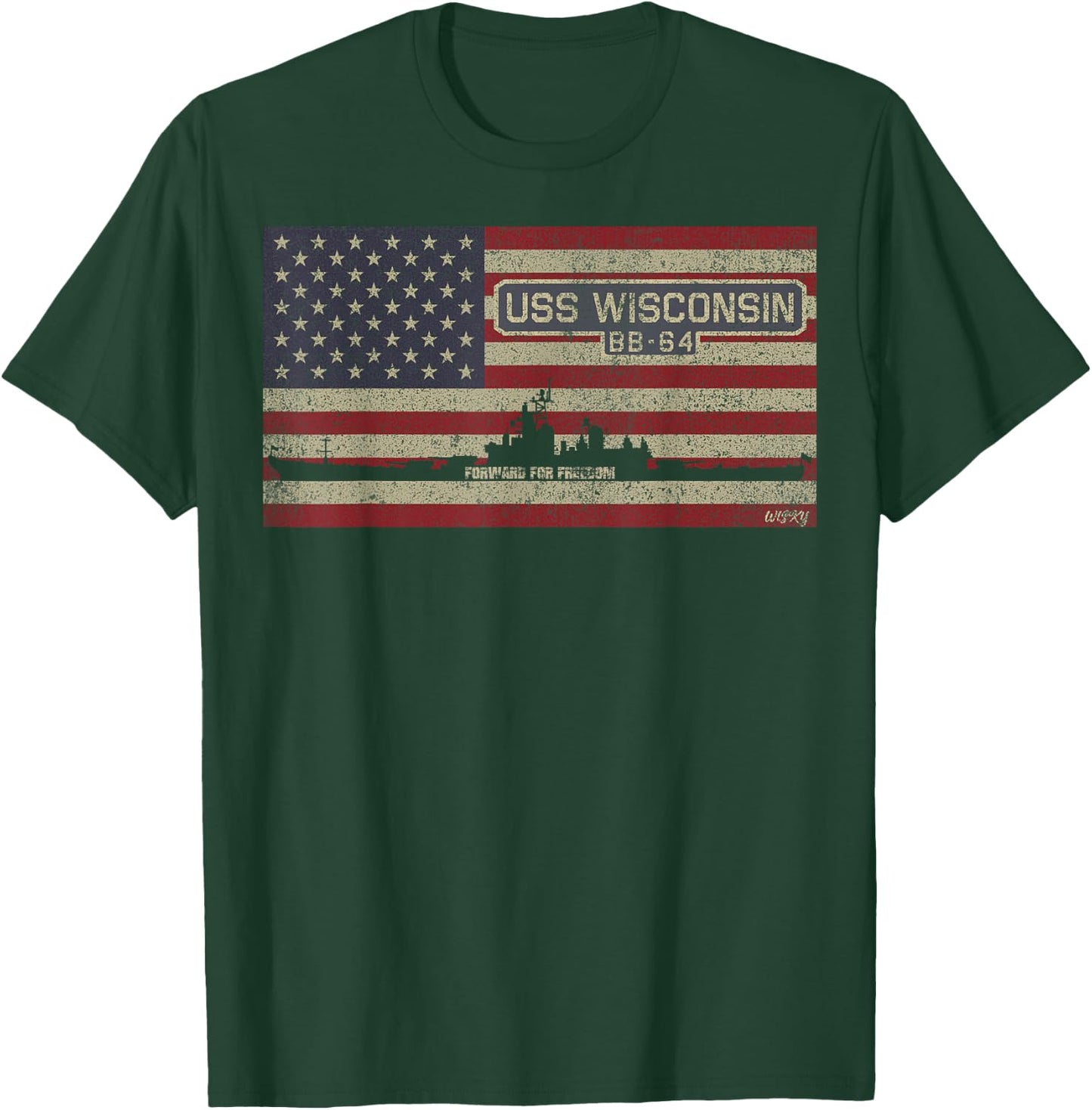 USS Wisconsin BB-64 Battleship USA American Flag T-Shirt - T-Shirt | Forest