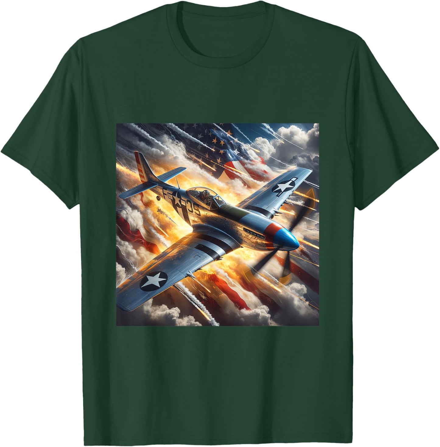 WWII Warbirds | P-51 Mustang in Dynamic Sky US Flag T-Shirt - T-Shirt | Forest