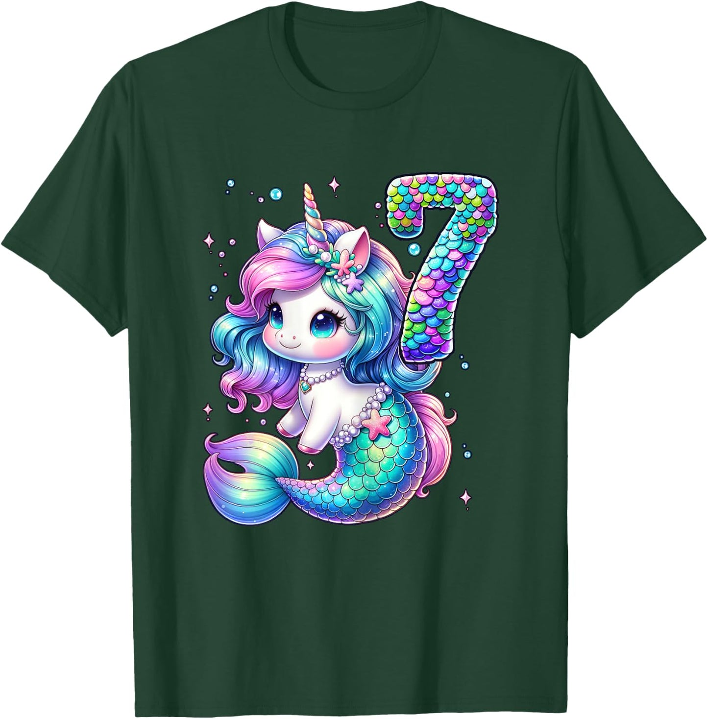 Unicorn Mermaid 7th Birthday 7 Year Old Party Girls Outfit T-Shirt - T-Shirt | Forest