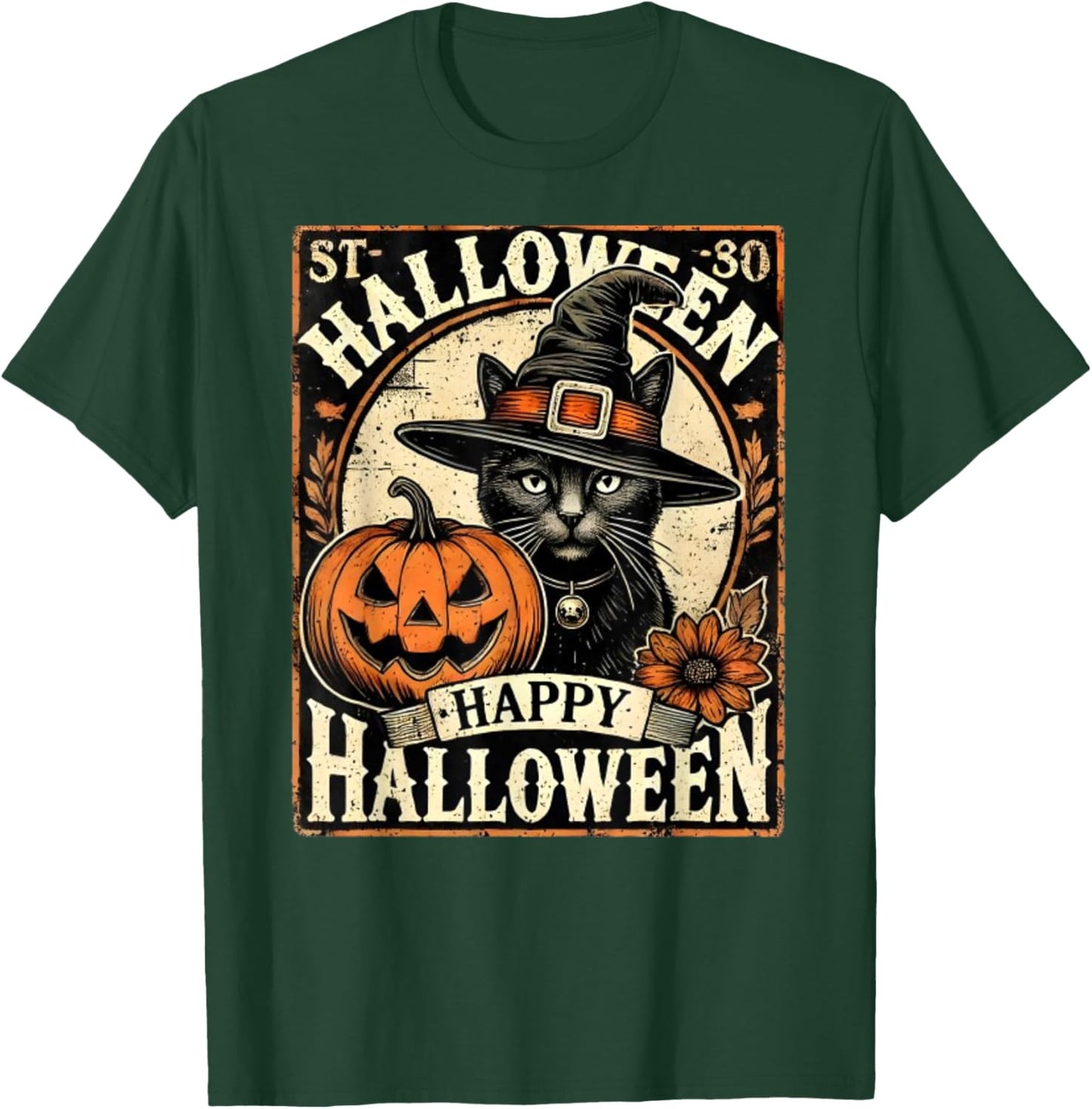 Vintage Halloween Shirt Black Cat With Witches Hat Women Kids T-Shirt - T-Shirt | Forest