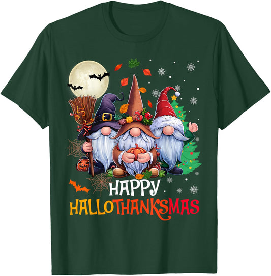 Happy Hallothanksmas Gnomes Lover Halloween Merry Christmas T-Shirt - T-Shirt | Forest