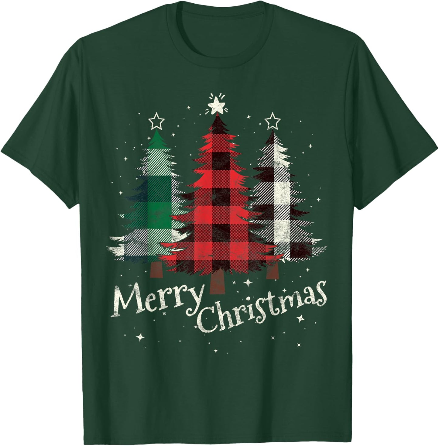 Merry Christmas Three Xmas Trees Buffalo Plaid Woman Gift T-Shirt - T-Shirt | Forest