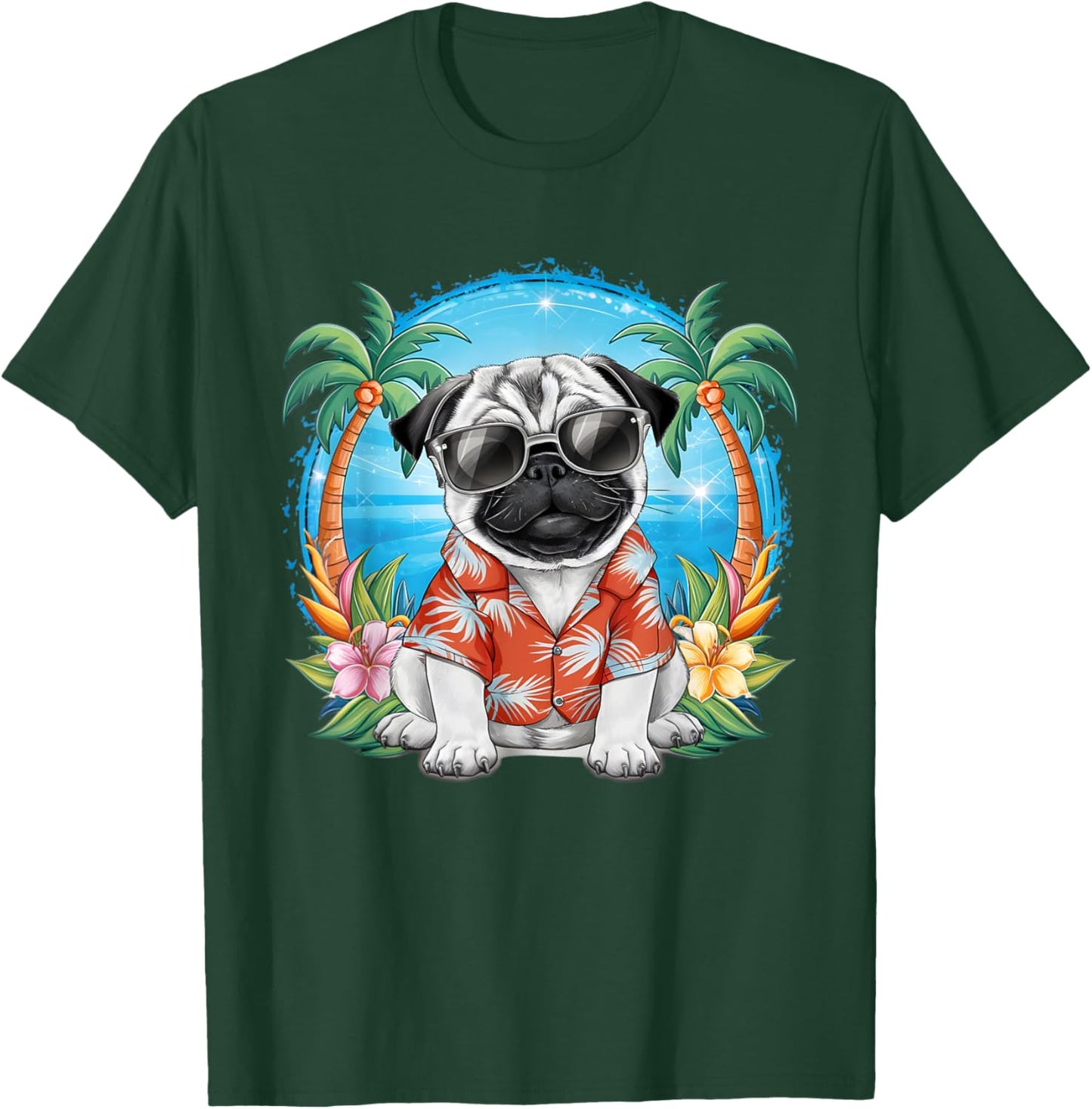 Funny Pug Summer Hawaiian Vibes Tropical Beach Women T-Shirt - T-Shirt | Forest