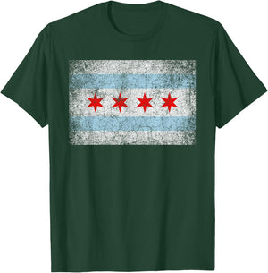 Chicago Flag Distressed Vintage Style Pride Men Women T-Shirt - T-Shirt | Forest