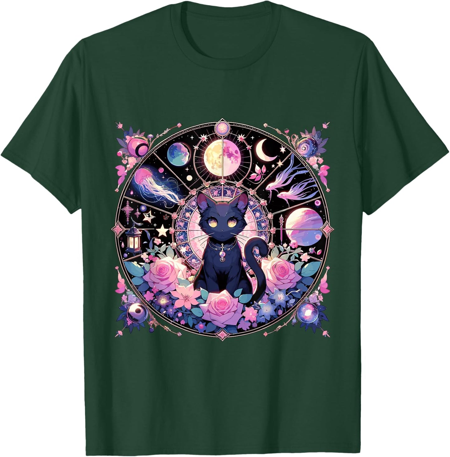 Moon Phases Crystal Witchy Cute Black Cat Kawaii Pastel Goth T-Shirt - T-Shirt | Forest