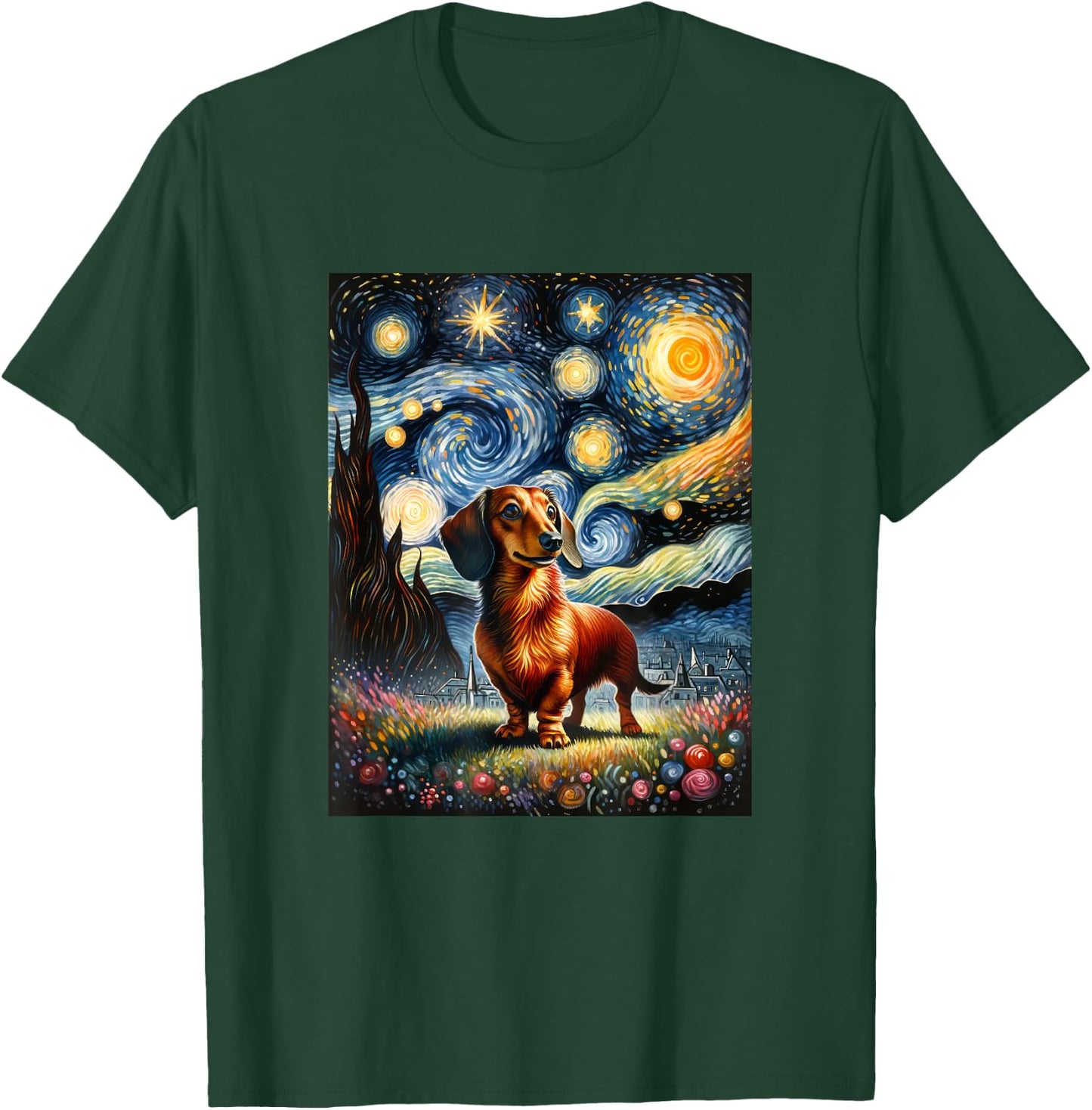 Dachshund Dog Van Gogh Starry Night Painting Men Women Girls Kids T-Shirt - T-Shirt | Forest