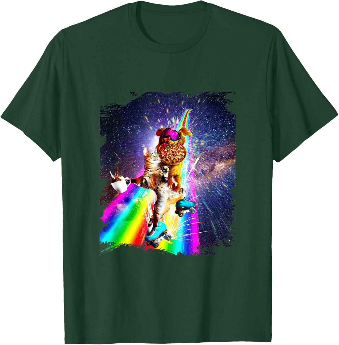 Dog Cat On Roller Skates With Pizza Coffee T-Shirt - T-Shirt | Forest