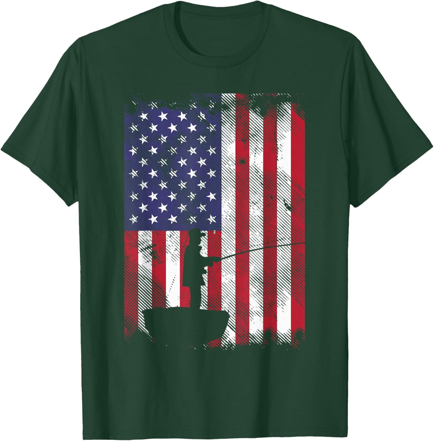 America Flag Fisherman Vintage Fishing Patriotic Angler Gift T-Shirt - T-Shirt | Forest