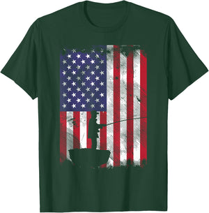 America Flag Fisherman Vintage Fishing Patriotic Angler Gift T-Shirt - T-Shirt | Forest