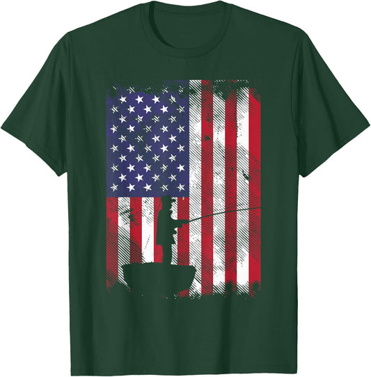 America Flag Fisherman Vintage Fishing Patriotic Angler Gift T-Shirt - T-Shirt | Forest