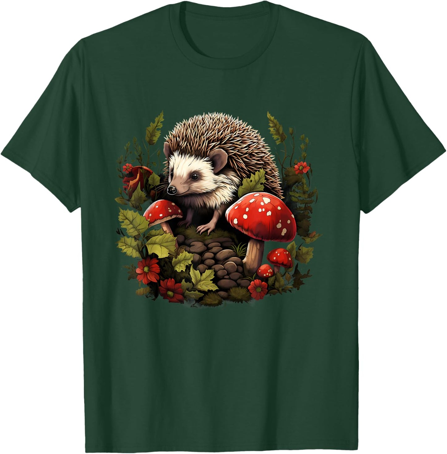 Hedgehog Landscape Animal Art Forest Wildlife Floral Artwork T-Shirt - T-Shirt | Forest