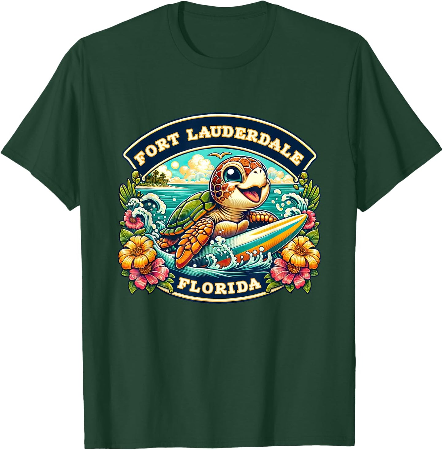 Fort Lauderdale Florida Cute Sea Turtle Surfing T-Shirt - T-Shirt | Forest