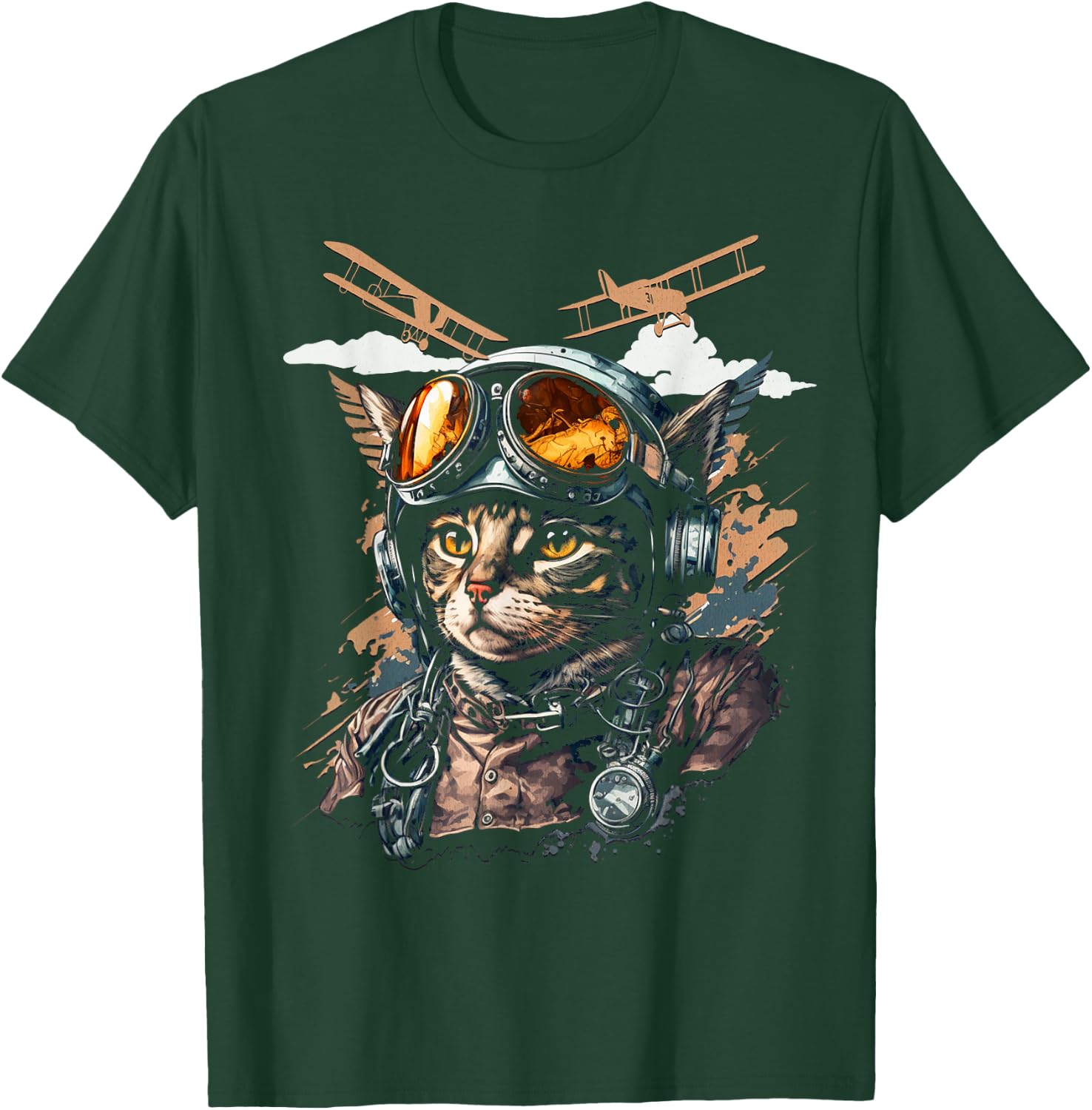 Funny Vintage Cat Airplane Pilot Women Kids T-Shirt - T-Shirt | Forest