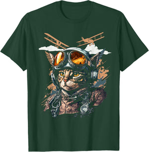 Funny Vintage Cat Airplane Pilot Women Kids T-Shirt - T-Shirt | Forest