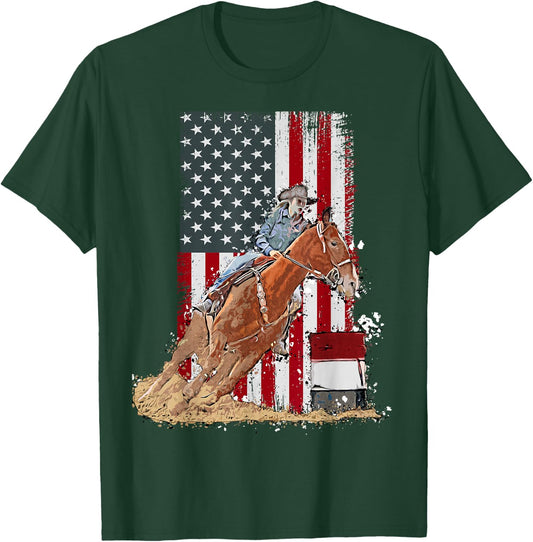 US Flag State Pride Barrel Racing Horse Rodeo Cowgirl T-Shirt - T-Shirt | Forest