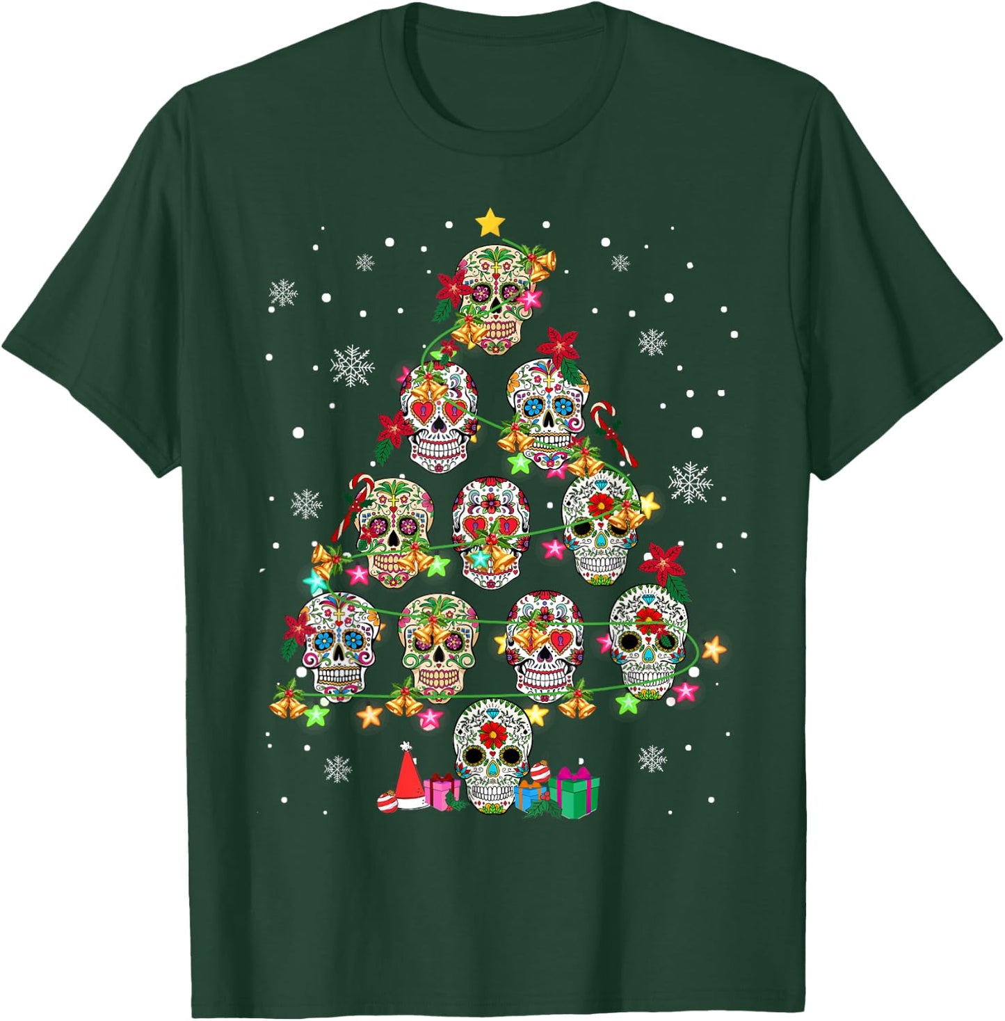Skull Christmas Tree Funny Mexican Flower Sugar Skull T-Shirt - T-Shirt | Forest