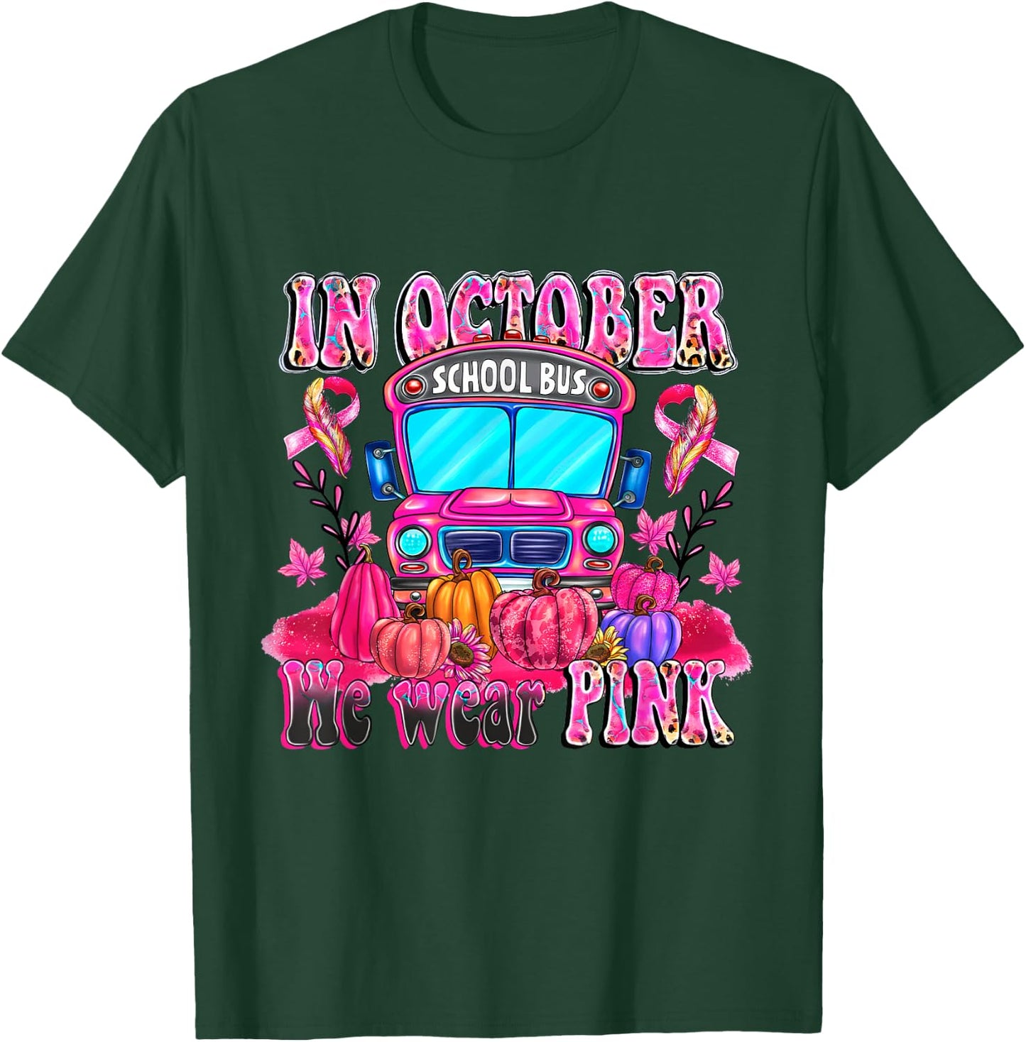 In October We Wear Pink School Bus Halloween Skeleton Outfit T-Shirt - T-Shirt | Forest