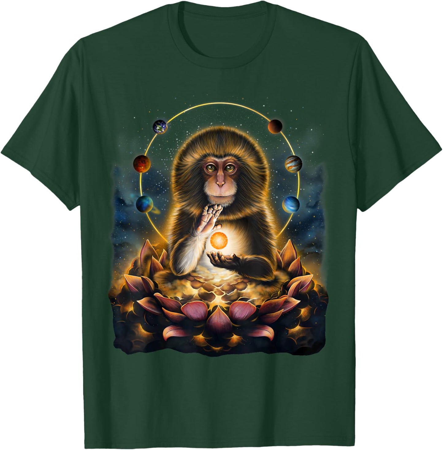 Celestial Monkey Holding Sun Surrounded by Planets and Lotus T-Shirt - T-Shirt | Forest