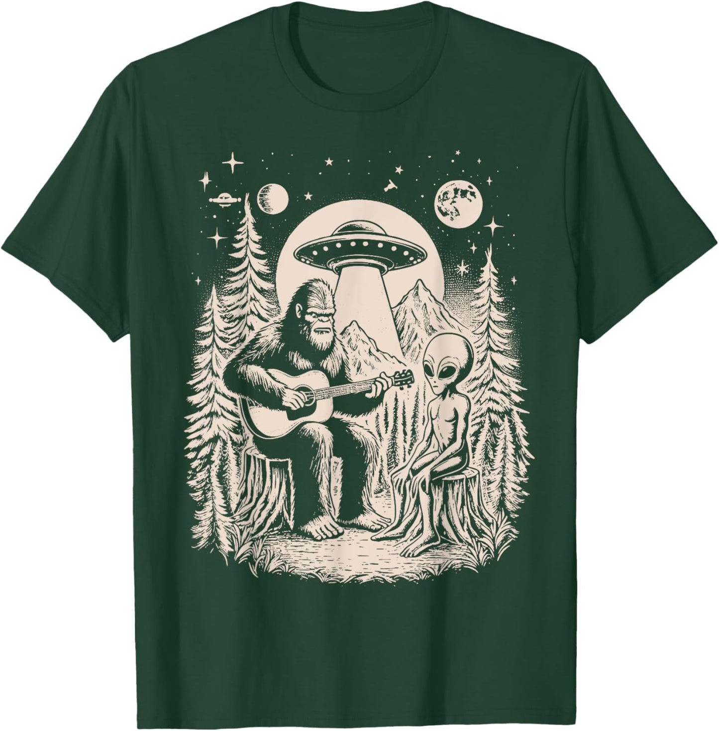 Funny Big Foot Alien Spaceship Big Foot Sasquatch Ape Guitar T-Shirt - T-Shirt | Forest